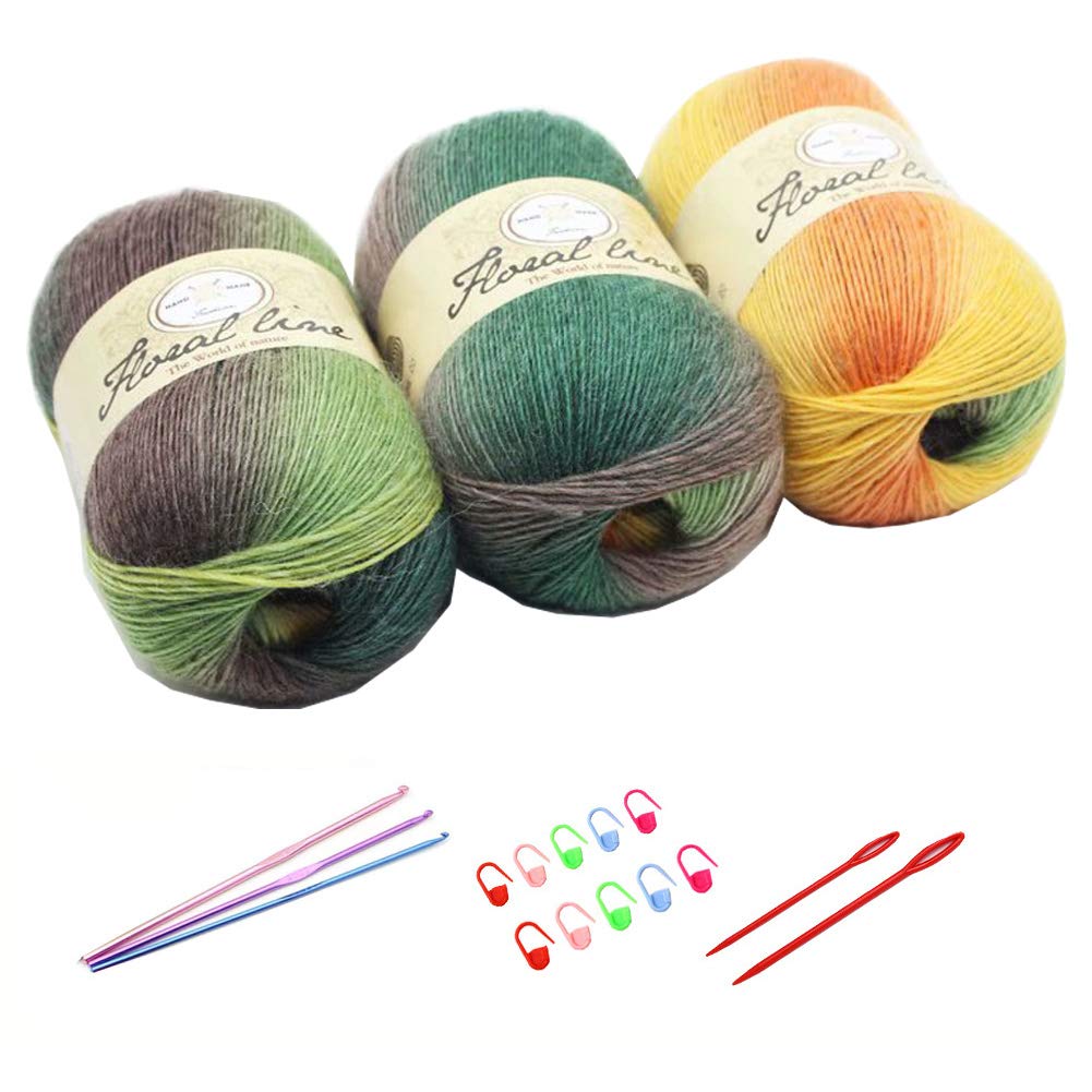 3X 100g Rainbow Wool Yarn Balls Chunky Knit Double Pom Pom Coloured Chunky Wool with 3 Crochet Hooks, 2 Needles, 10 Crochet Locking Stitch Markers for Beginners (204)
