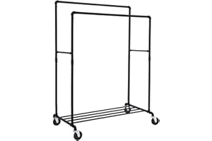 SONGMICS Heavy-Duty Clothes Rack, 39.4 Inch Clothing Rack with Storage Shelf, Double-Rod Garment Rack on Wheels, Metal Frame, 2 Casters with Brakes, Holds up to 198 lb, Black UHSR60B