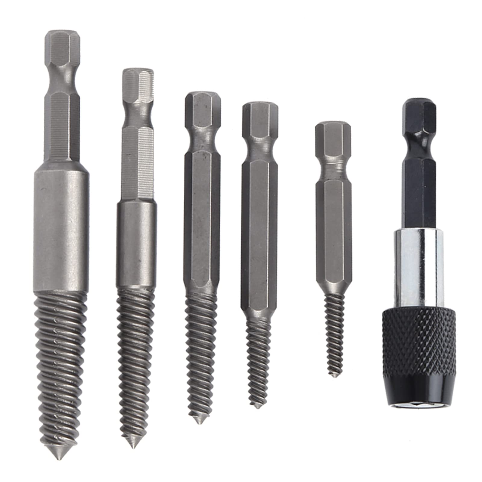 6 Pcs Screw Extractor Set, Headless Screw Remover Broken Bolt Extractor Damaged Stud Removal Tool Set with 1/4 Mandrel for Machinery Repair Work