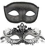 Coddsmz Couple Masquerade Metal Masks Venetian Halloween Costume Mask Mardi Gras Mask (Black+Black-Sliver)