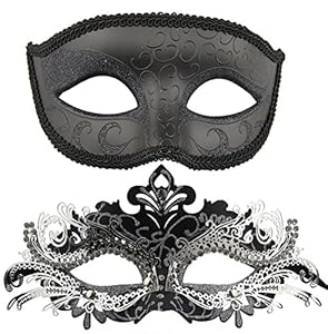 Coddsmz Couple Masquerade Metal Masks Venetian Halloween Costume Mask Mardi Gras Mask (Black+Black-Sliver)