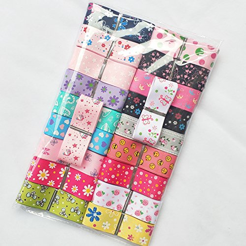 Dandan DIY Assorted 20 Yards Grosgrain Ribbon Bow Daisy Butterfly Cake Love Heart Dots Flower Rose Smile Face Craft DIY Gift Packing hair bow accessory