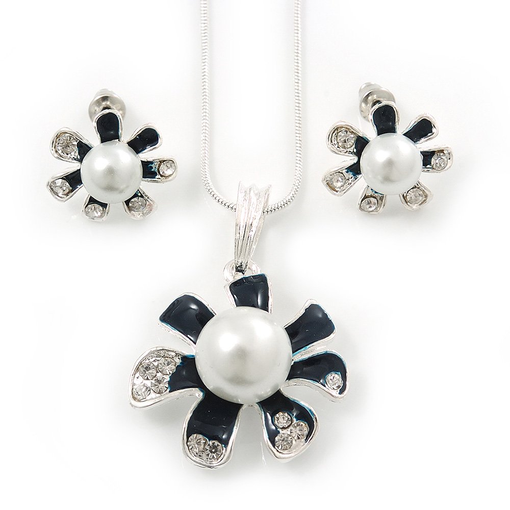 Avalaya Enamel Dark Blue Faux Pearl Crystal Flower Pendant With Silver Tone Snake Style Chain & Stud Earrings Set/ 40cm L/6cm Ext
