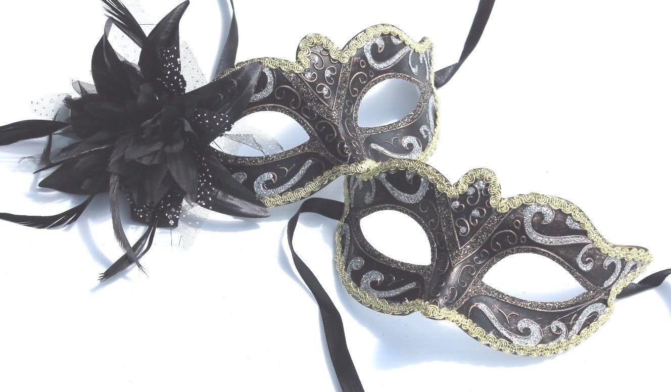 THE GOOD LIFE HIS N HERS PAIR OF MATCHING BLACK BRONZE SILVER & GOLD VENETIAN MASQUERADE CARNIVAL PARTY EYE MASKS