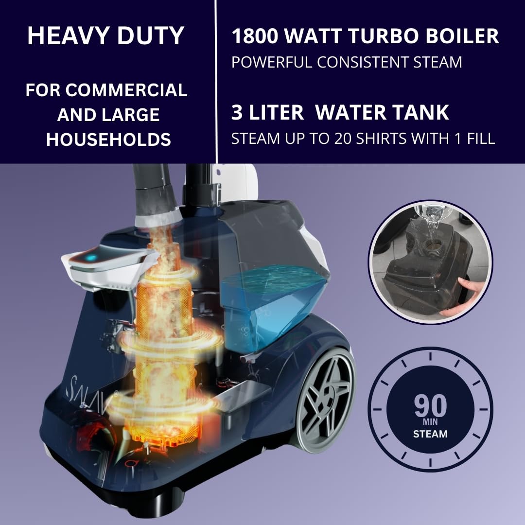 SALAV Heavy Duty Commercial Full-Size Garment Steamer with Foot Pedals and Extra Large 3L (101.5 oz) Water Tank, 1800 watts of Poweful Steam (Navy)