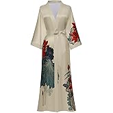 Horezsie Women's Long Silk Robes Long Satin Robes Long Kimono Robes Floral Silky Bathrobes Dressing Gown, One Size