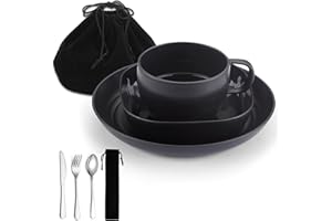 Camping Utensils Set, ReaNea Camping Plates and Bowls Set with Coffee Mug, Travel Cutlery Set Include Spoon, Fork, Knife for 