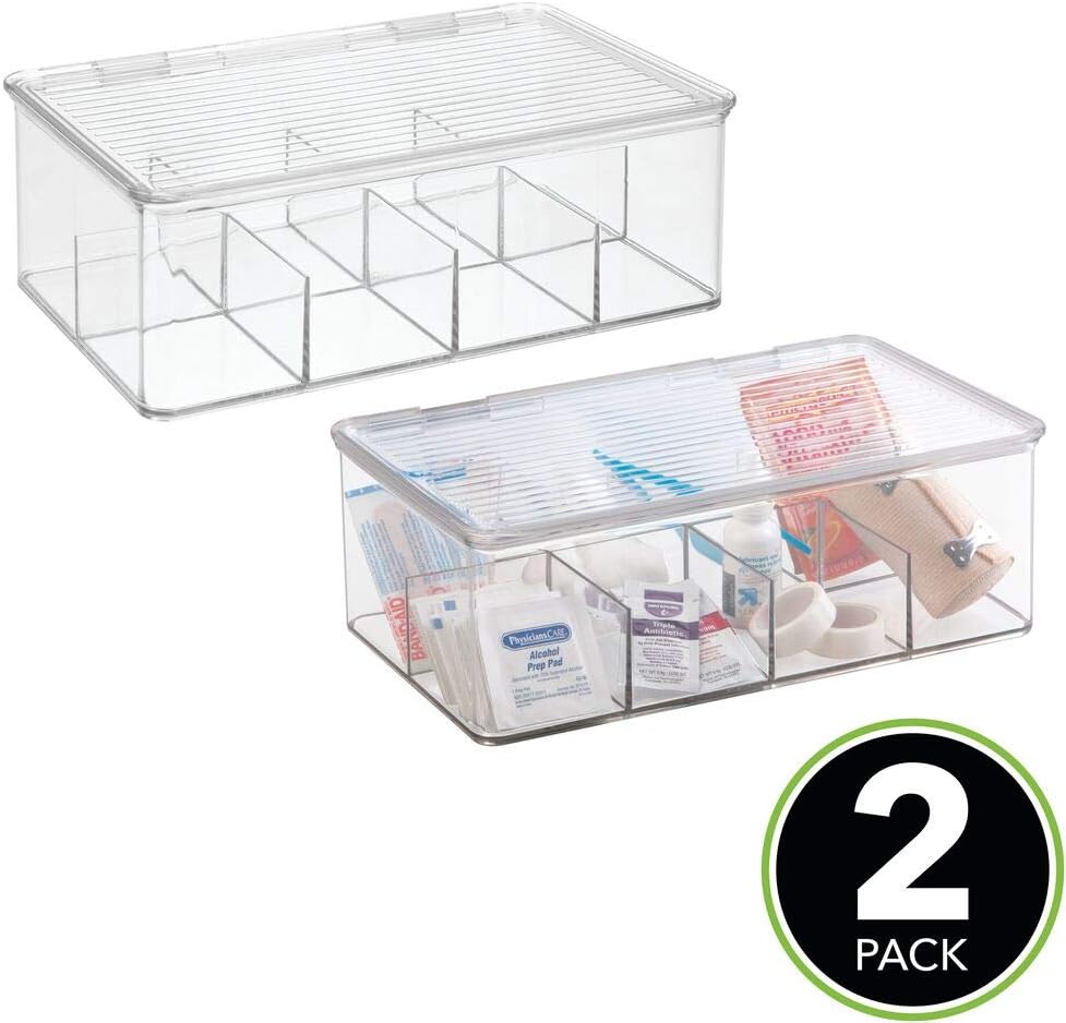 mDesign Plastic First Aid Kit Storage Box for Bathroom, Kitchen, Cabinet, Closet - Organizes Medicine, Ointments, Adhesive Bandages, Dental, Diabetic Supplies - 8 Divided Sections, 2 Pack - Clear: Home & Kitchen