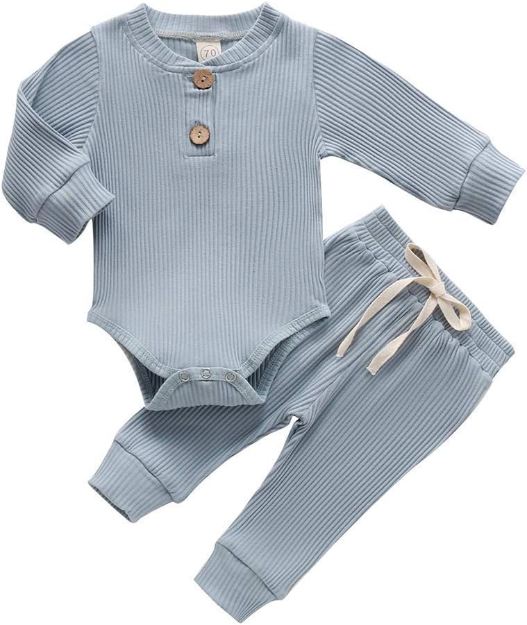 Newborn Baby Boys Pajamas Long Sleeve Romper Pants Outfits Infant Ribbed Striped Fall Winter