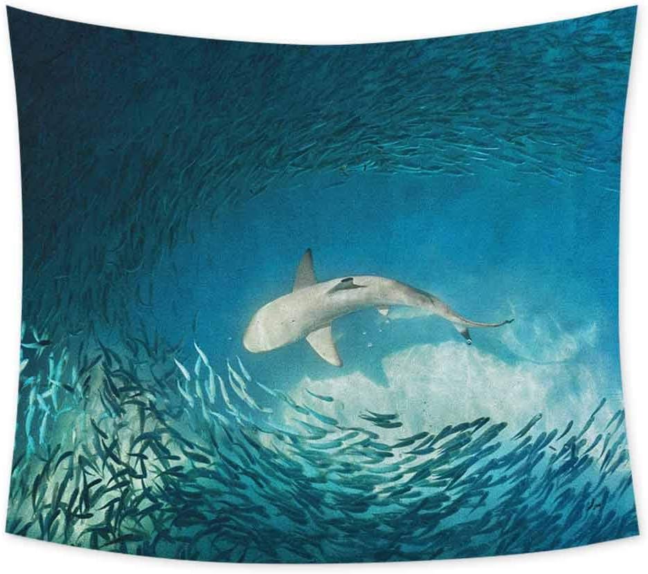 jecycleus Sea Animals Wall Tapestry for Bedroom Shark and Small Fish Ocean Wilderness Waterscape Wildlife Nature Theme Picture Room Decor for Teen Girls W62.8 x L62.8 Inch Teal Beige