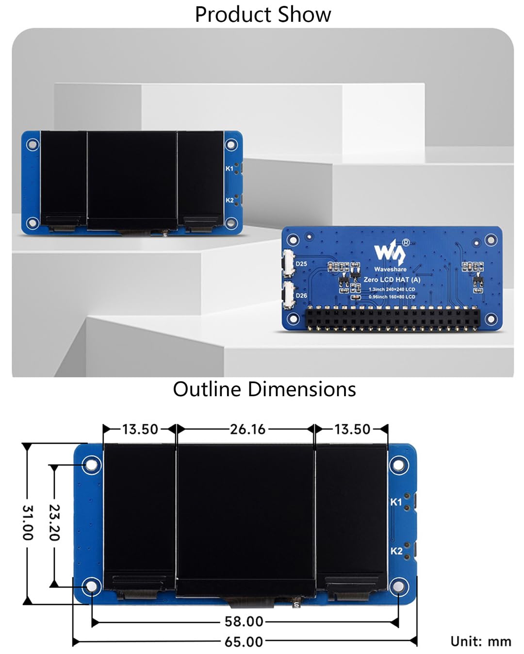 waveshare Triple LCD HAT for Raspberry Pi, Onboard 1.3inch IPS LCD 240×240 Resolution Main Screen and Dual 0.96inch IPS 160×80 Resolution LCD Secondary Screens, SPI Interface