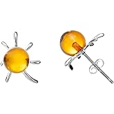 Genuine Baltic Amber Flaming Sun Stud Ball Earrings for Women in Sterling Silver, Rich Cognac Color