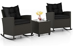 KOTEK 3 Piece Patio Furniture Rocking Bistro Set, Wicker Outdoor Rocking Chairs & Glass Table, PE Rattan Conversation Set for