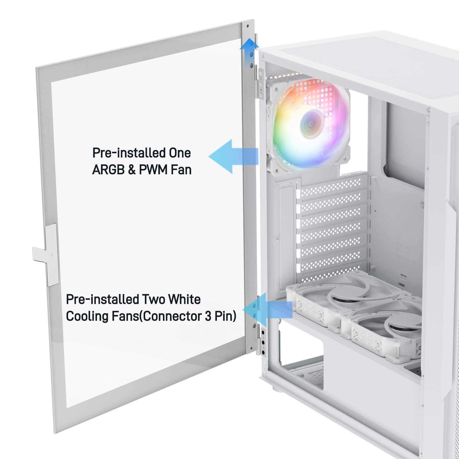DARKROCK A8-M White Micro-ATX Mid Tower Computer PC Case for Gaming & Business Tempered Glass Side Panel Support 240mm Radiator on Top 1 x ARGB Fan & 2 x 120mm Cooling Fans Pre-Installed