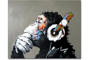 Muzagroo Art Music Monkey with Headphone Oil Paintings Hand Painted on Canvas Cool Wall Art for Living Room Game Room Canvas Wall Art Decor Chimps Media Room Art M
