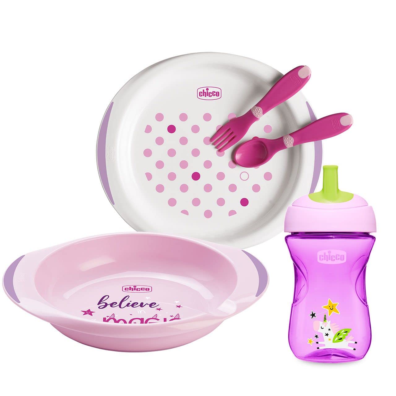 Chicco Baby Silicone Tableware Set, Children's Weaning Set with Thermal Plate, Eat Easy Plate, Baby Learning Cup and Silicone Spoon, Children's Tableware 12 Months+, Pink
