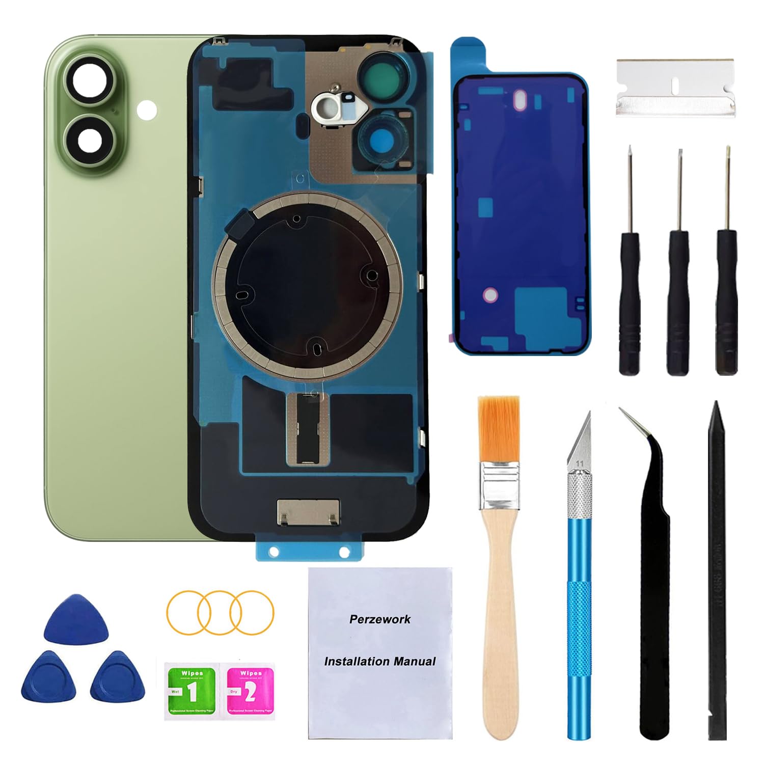 Perzework Rear Back Glass Replacement for iPhone 17 6.3-inches with Reparing Tool Kit + Pre-Installed Plate and Camera Frame and Lens + Reparing Tool Kit (Sage or Green)