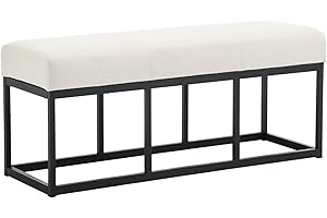 HNY Mid Century Modern Upholstered Kitchen Dining Bench Metal Entryway Bench Seat, 45 Inch Linen Tufted Bench Ottoman Indoor Window Bench for Bedroom End of Bed/Living Room/Mudroom/Narrow/, Cream