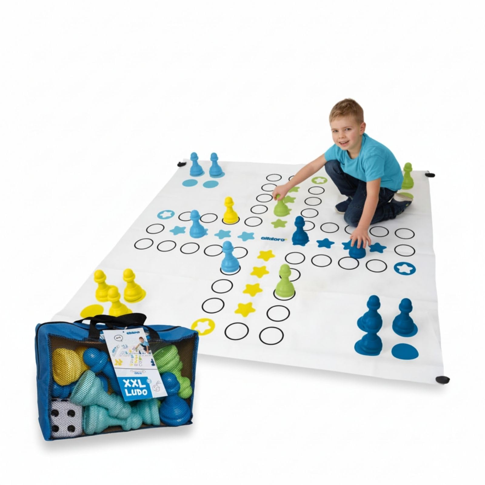 alldoro 60060 Garten Ludo, XXL Outdoor Board Game with 16 Toy Figures and Dice, Giant Ludo with Carry Bag, Large Garden Mat with Running Game Pattern, Game for Children from 3 Years and Adults
