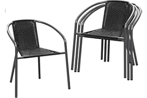 TANGJEAMER 4 Pack Patio Stackable Rattan Chairs, Indoor-Outdoor Restaurant Bistro Wicker Dining Chairs, All-Weather Backyard Armchair Stack Chair, Black