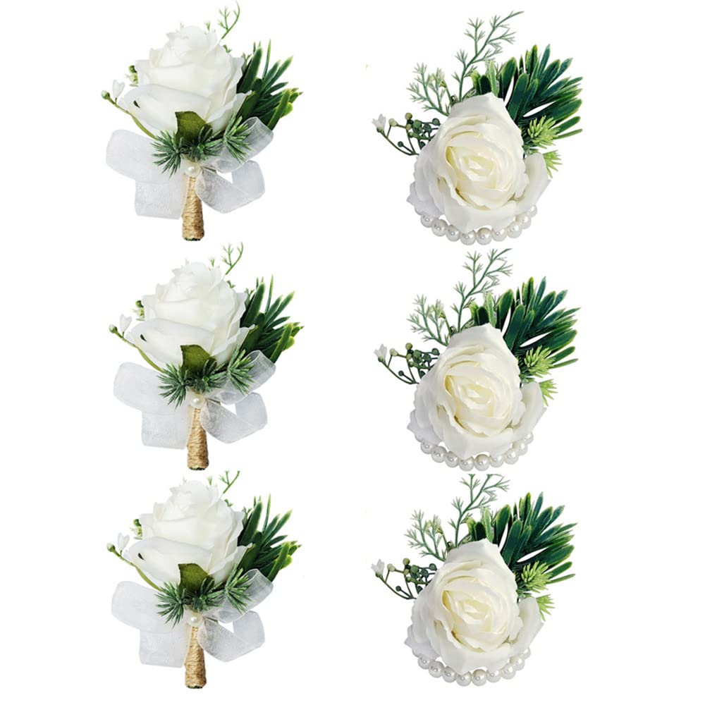 JULAN 6Pcs White Rose Wrist Corsage and Boutonniere Set with Pins,Handmade Artificial Rose Flower Wrist Flowers and Men's Corsage Set for Wedding Flowers Ceremony (3 Boutonnieres + 3 Wrist Corsages)
