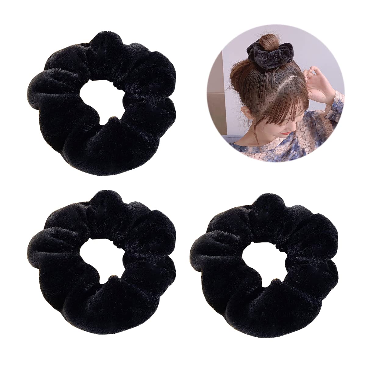 scicent Black Hair Band 3 PCS Scrunchies Stretchy Solid Color Hairbands for Thick Curly Hair Ties Sleeping Traceless Frizz Prevention Headbands for Women's Hair 217301