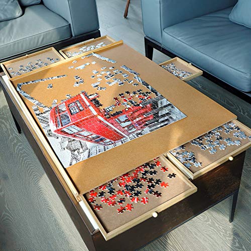 ATDAWN 1500 Pieces Upgraded Wooden Jigsaw Puzzle Table, Jigsaw Puzzle Board, Puzzle Plateau-Smooth Fiberboard Work Surface, with Five Drawers, Puzzle Accessories for 1500 Pcs
