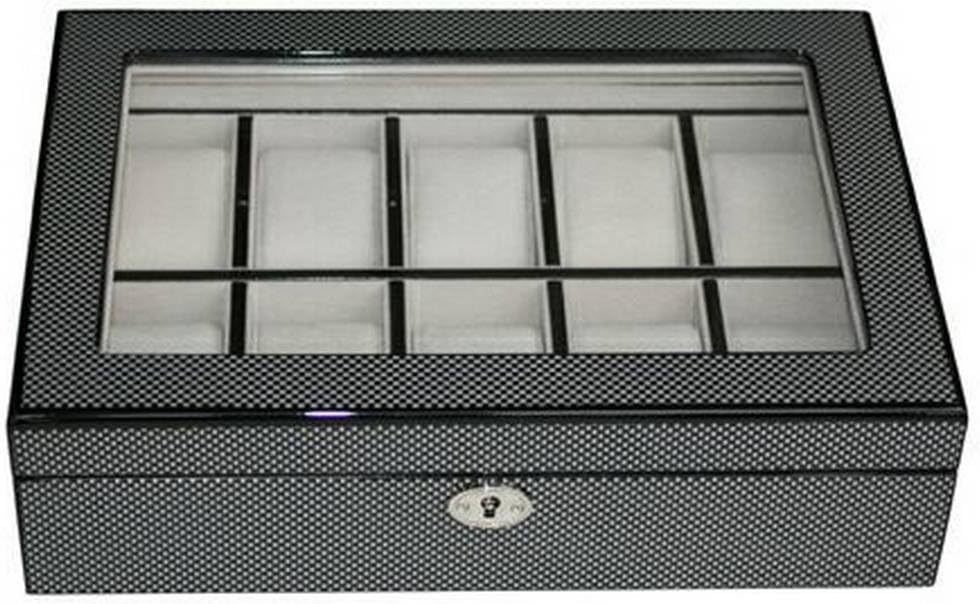 Kennett Wooden Carbon Fibre Watch Box for 10 watches storage, High Quality Ivory Velvet Lining and Pads for Quality Watches such as Rolex, Hublot, Patek Phillipe, Omega