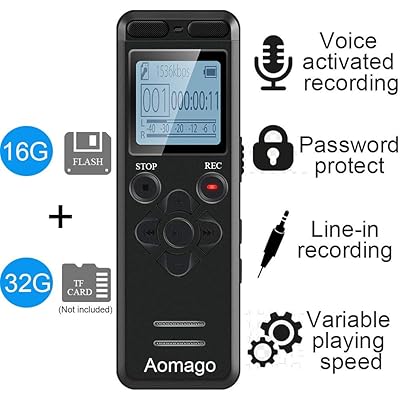 16GB Digital Voice Activated Recorder for Lectures - Aomago 1160 Hours Sound Audio Recorder Dictaphone Voice Activated Recorder Recording Device with Playback,MP3 Player,Password,Variable Speed