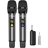 Wireless Microphone, Professional UHF Metal Dual Handheld Cordless Dynamic Microphone with Rechargeable Receiver, 164 Ft, Plug and Play, 1/4'' Output, Karaoke Singing, Speech, Wedding, Party, Gray