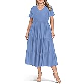 Women's Plus Size Casual Dress Floral Tiered V-Neck Aline Short Sleeve Summer Maxi Dresses with Pockets Long Dress