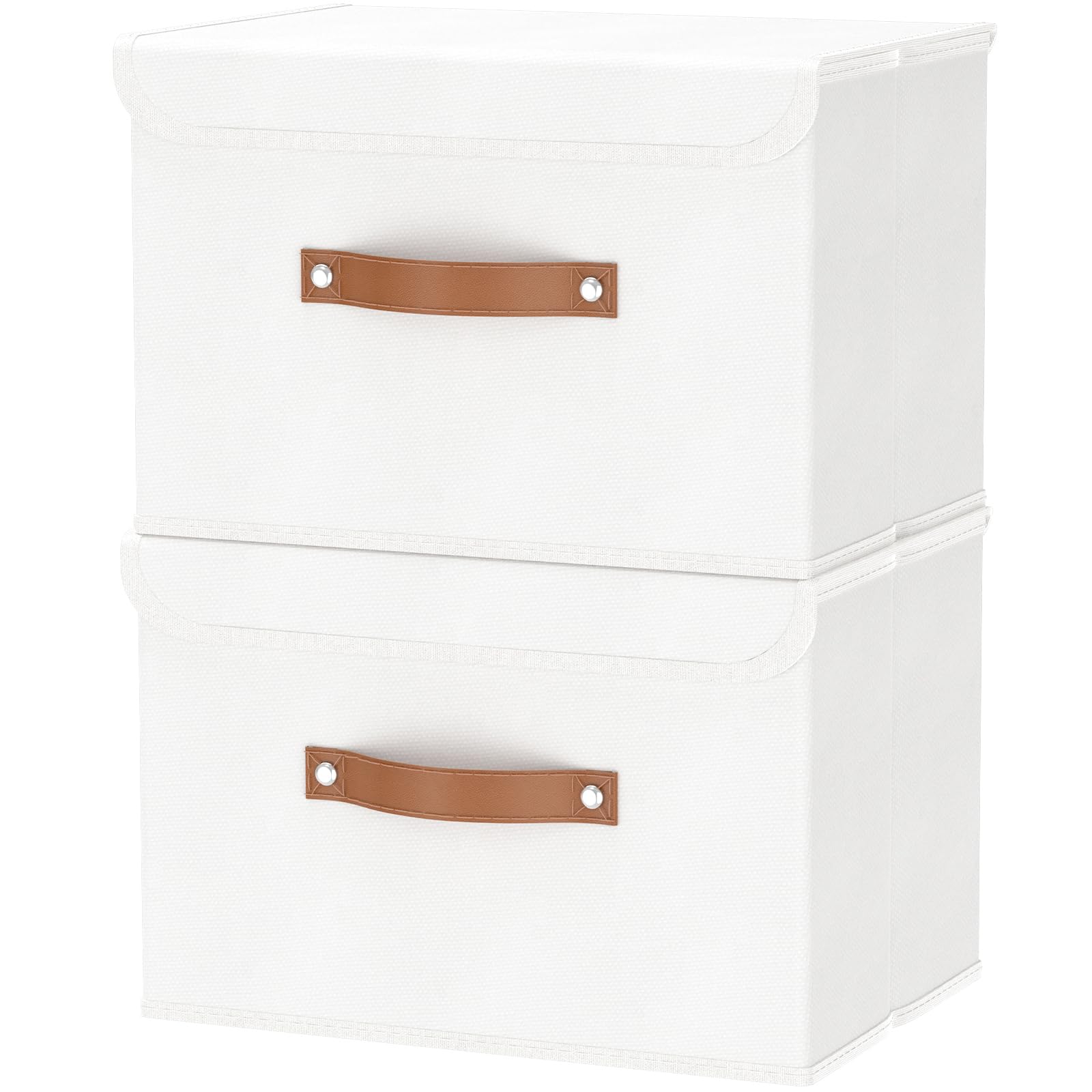 OUTBROS Collapsible Storage Box with Lid, Linen Fabric Clothing Shelf Basket Bins Box For Towels, Clothes 45x30x30 cm (White, 2-Pack)