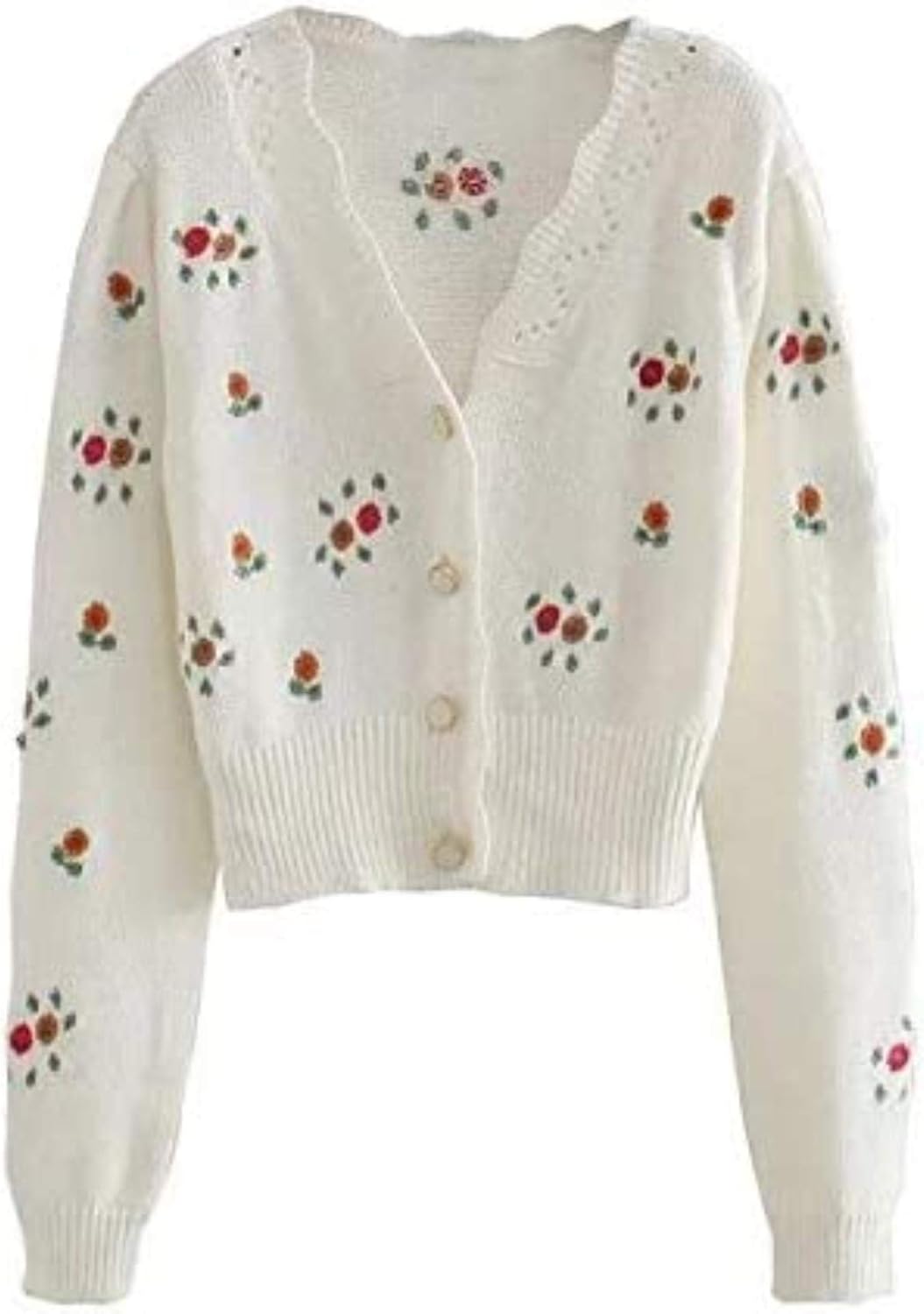 GekhHaon Floral Embroidery Cropped Cardigans Women Hollow Out Ruffles V