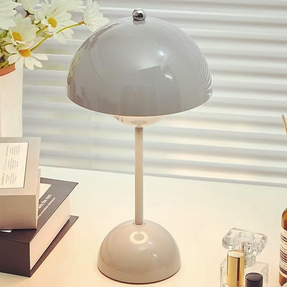 TRIXES Rechargeable Grey Mushroom Table Lamp - Cordless Dimmable Table Lamp, 3 Adjustable LED Light Colours
