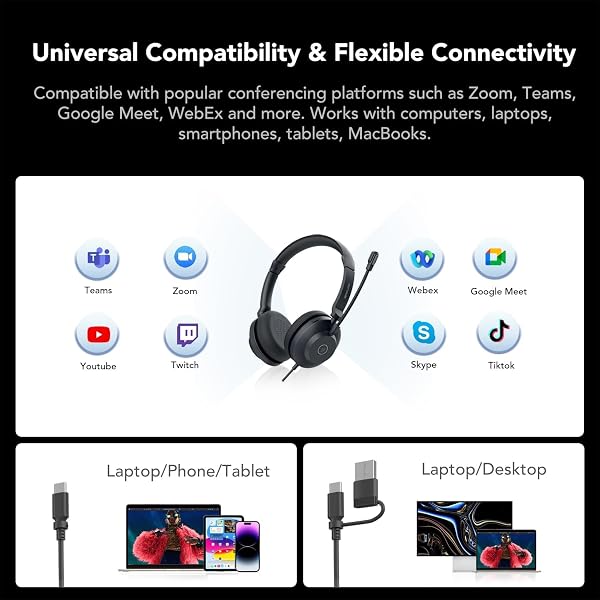 NUROUM HP21 USB HEADSET WITH MICROPHONE FOR PC, AI NOISE CANCELLING MIC FOR WORK, WIRED HEADSET FOR CALL CENTER/OFFICE, MUTE BUTTON, USB-A/TYPE-C FOR COMPUTER/LAPTOP/DESKTOP, COMPATIBLE W/ZOOM/TEAMS
