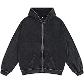 Pairxily Oversized Vintage Cotton Jacket Acid Wash Grunge Basic Zip Up Hoodie For Women Distressed Baggy Long Sleeve Tops