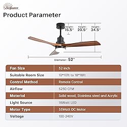 Sofucor 52 Inch Solid Wood Ceiling Fans With