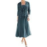 Mother of The Bride Dresses for Wedding Tea Length Lace Chiffon Formal Dress 2 Piece Grandmother Dresses with Jackets
