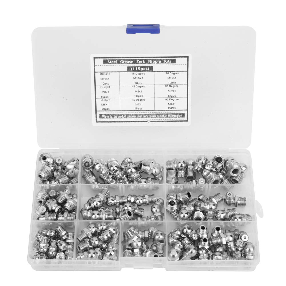 115Pcs Steel Grease Zerk Nipple Fittings 45/90 Degree Straight Nozzle M6 x 1 M8 x 1 M10 x 1