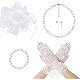 Fumwase 5Pcs Tea Party Fascinators Hat with Lace Gloves Pearl Necklace Earring Bracelet Afternoon Tea Accessories