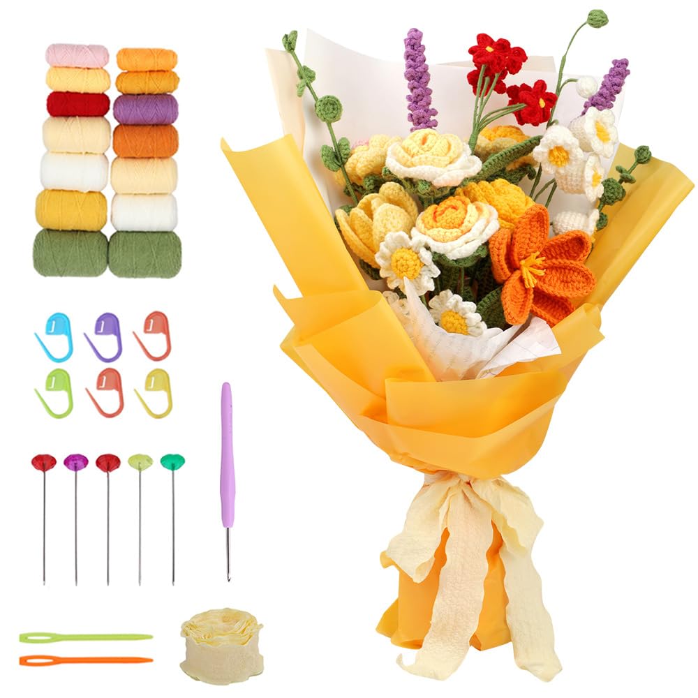 HIULLEN Crochet Kits for Beginners Adults, Bouquet Crochet Kit, Complete Flower Crochet Kits, Crochet Flower Bouquet Kit with Step-by-Step Video, Gifts for Valentine's Day Mother's Day