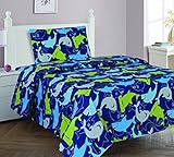 Elegant Home Sharks Design Multicolor Dark Blue Green 3 Piece Printed Twin Size Sheet Set with Pillowcase Flat Fitted Sheet for Boys / Kids/ Teens # Shark (Twin)
