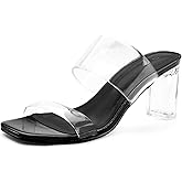 mysoft Clear Heels for Women Transparent Two Strap Block Chunky Square Heel Sandals Open Toe Slip On Sandals