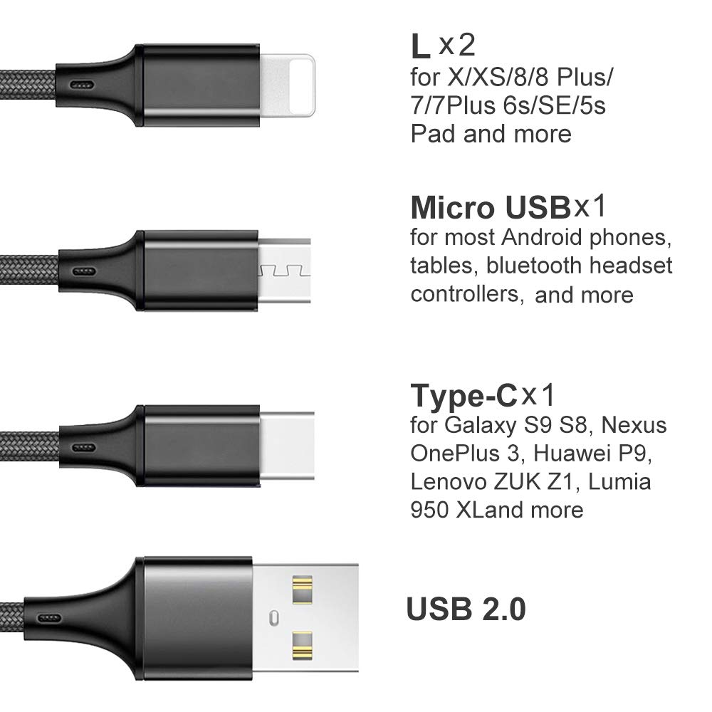 Multi Charging Cable, Multi Charger Cable 2Pack 4FT Nylon Braided Universal 4 in 1 Multiple USB Cable Fast Charging Cord Adapter with Type-C, Micro USB Port Connectors for Cell Phones Tablets and More: Industrial & Scientific