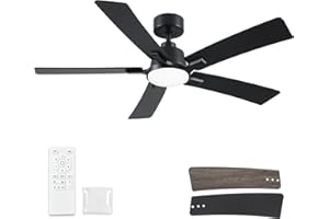 REALMATE 52 Inch Ceiling Fans with Lights and Remote, Black Ceiling Fan, Downrod Style with 5 Blades, Modern Design For Indoor Bedroom Living Room/Outdoor, 6 Speed Reversible DC Motor, 3CCT Dimmable LED