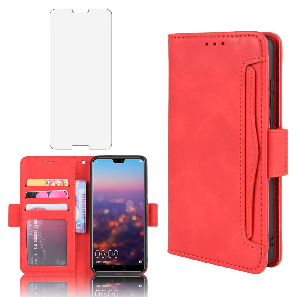 Phone Case for Huawei P20 Wallet Purse Leather Flip Cover With Tempered Glass Screen Protector Card Holder Slot Stand Kickstand Shockproof Protective Hawaii P 20 P20case Girls Cover Boys Red — image 1