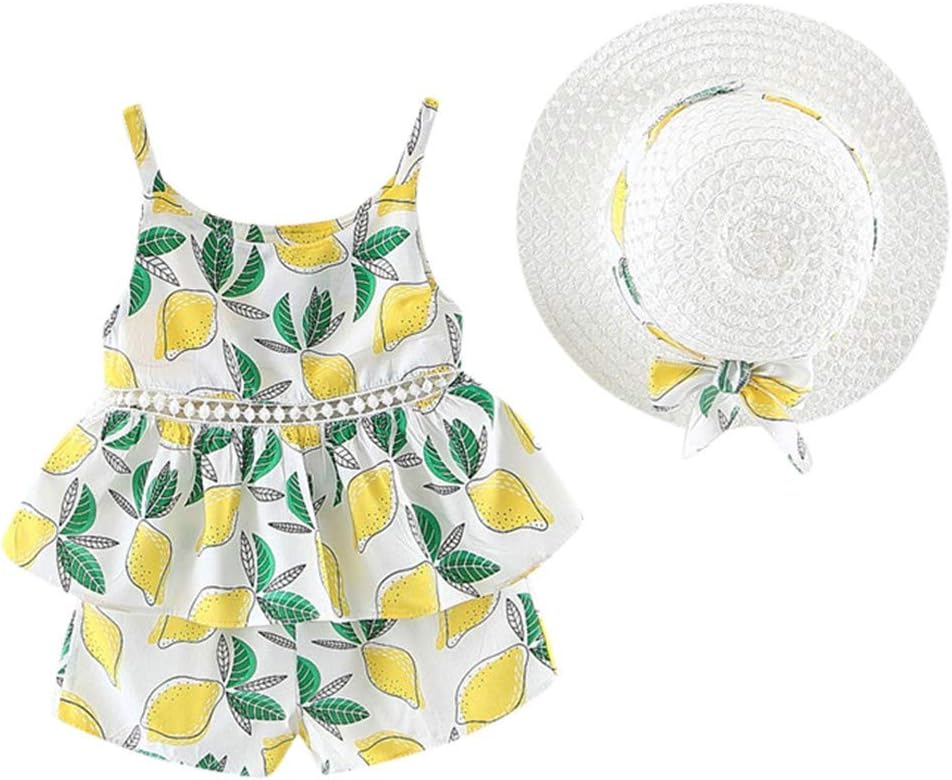 wuayi Baby Girls Clothes, Girls Floral Fruit Print Strap Shirt Dress T-Shirt Tops + Shorts +Hat Outfits 6 Months - 4 Years