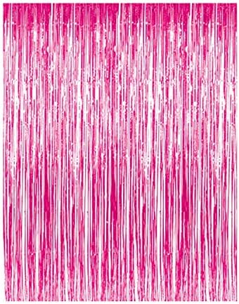 Deco4Fun 3 ft x 8 ft Metallic Foil Hot Pink Fuchsia Tinsel Fringe Curtains Photo Backdrop Background Party Decoration Wall Hanging Decor Christmas Halloween New Year's Eve (4-pack, Fuchsia)