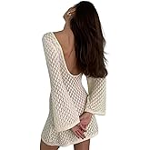 VKEGNIO Crochet Hollow Out Cover Ups Swimsuit for Women Solid Color Sexy Long Sleeve Bikini 2024 States Summer Beach Dress
