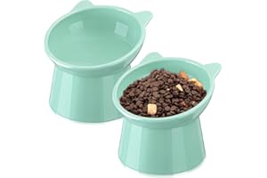 Zhehao 2 Pieces Plastic Raised Bowl Tilted 15 Degrees Elevated Cat Food and Water Bowls Set Anti Vomit Dog Kitten Food Dishes Pet for Cats and Small Dogs(Cat Ears,Green)